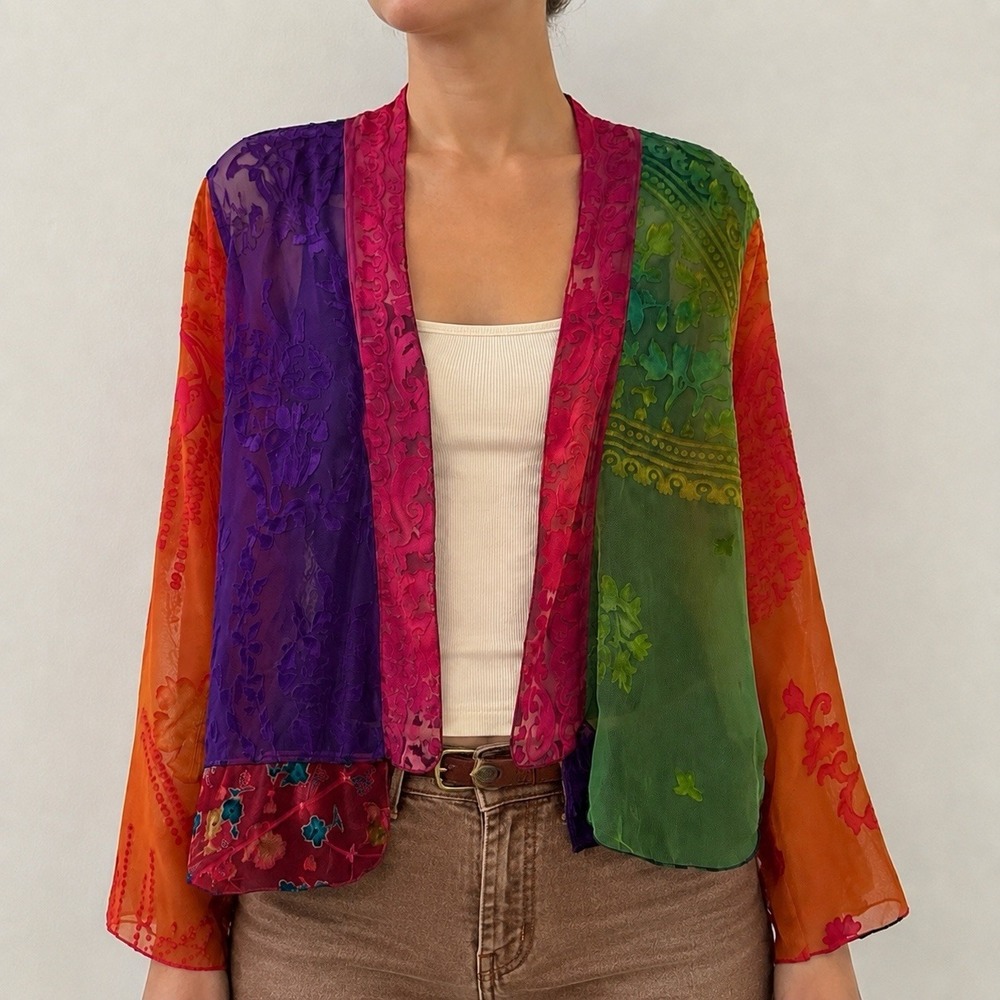 Vintage Sheer Multicolor Art-To-Wear Kimono Jacket M Lightweight Artsy Abstract